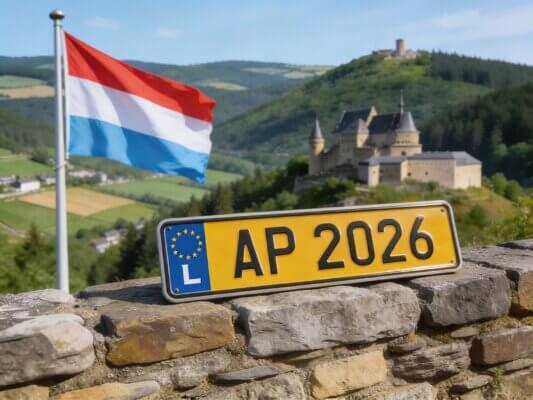 Plaque d'immatriculation Luxembourgeoise devant un paysage au Luxembourg